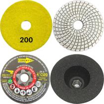 Kit Acabamento 45 Graus Porcelanato Lixa Diamantada 200 + Rebolo Copo Cônico 4 Polegadas 120