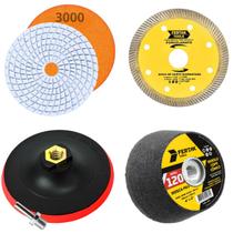 Kit Acabamento Porcelanato Com Suporte + Adaptador + Lixa Grão 3000 + Rebolo Grão 120 + Disco de Corte Kit Acabamento Porcelanato Com Suporte + Adaptador + Lixa Grão 3000 + Rebolo Grão 120 + Disco de Corte