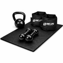 Kit Academia Completo Halteres 2kg, Caneleiras 3kg, Kettlebell 4kg e Colchonete Preto