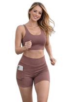 Kit Academia Feminino Marrom Top e Short com Bolso Conforto Premium para Treino e Dia a Dia