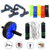 Kit Academia Roda Abdominal + Par Barra De Chão + Corda + 5 Mini Band Exercício Casa