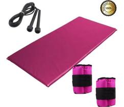 Kit Academia Rosa - Colchonete + Corda+ Caneleira 5Kg