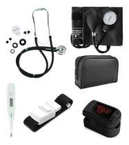Kit Acadêmico Completo de Enfermagem, Estetoscópio, Esfigmomanômetro, Termômetro, Oxímetro, Garrote, Preto Kit Acadêmico Completo de Enfermagem, Estetoscópio, Esfigmomanômetro, Termômetro, Oxímetro, Garrote, Preto