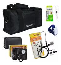 Kit Acadêmico Esfigmo Preto + Esteto + Garrote + Termômetro