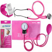 Kit Acadêmico Esfigmo Rosa + Esteto + Garrote + Termômetro