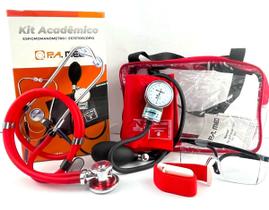 Kit Acadêmico Vermelho: Aparelho de Pressão Arterial e Estetoscópio com Acessórios - P.A.MED