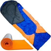 Kit Acampamento Saco Dormir NTK Freedom Com Capuz Cor Azul E Laranja Mais Isolante Térmico Proteção Antiumidade Camping Praia Pescaria Trilha