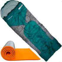 Kit Acampamento Saco Dormir NTK Freedom Com Capuz Cor Verde E Cinza Mais Isolante Térmico Proteção Antiumidade Camping Praia Pescaria Trilha