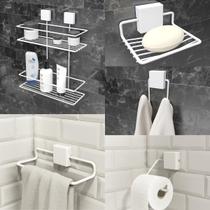 Kit Acessório Banheiro 5 Peças Autocolante 3M Porta Shampoo Toalha Sabonete Kit Acessório Banheiro 5 Peças Autocolante 3M Porta Shampoo Toalha Sabonete