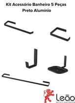 Kit Acessorio Banheiro 5 Peças Preto Alumínio Linear 17810 - Leão Kit Acessorio Banheiro 5 Peças Preto Alumínio Linear 17810 - Leão