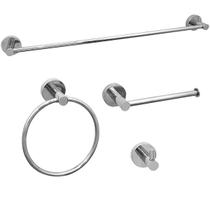Kit Acessorio Banheiro Aço Inox 304 Cromado Alto Padrão Kit 4 Peças Lavabo Luxo Suporte Parede Papeleira Porta Toalha Redondo Gancho Barra Simples
