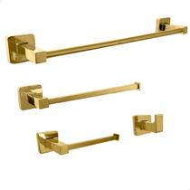 Kit Acessório Banheiro Dourado Brilhoso Inox 304 Conjunto Lavabo Metal Quadrado Gold Porta Toalha 40cm Toalheiro Reto Gancho Cabide Papeleira Jogo 4 p