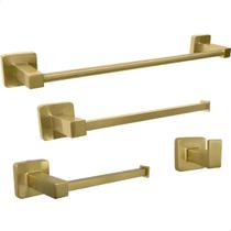 Kit Acessório Banheiro Dourado Escovado Inox 304 Conjunto Lavabo Metal Quadrado Gold Porta Toalha 40cm Toalheiro Reto Gancho Cabide Papeleira Jogo 4pç