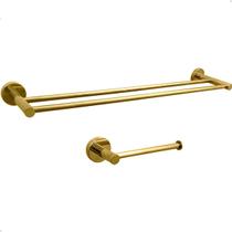 Kit Acessório Banheiro Dourado Porta Toalha Duplo 60cm E Porta Papel Higiênico Inox Brilhoso Suporte Toalheiro Papeleira 2pç Conjunto Jogo Lavabo Kit Acessório Banheiro Dourado Porta Toalha Duplo 60cm E Porta Papel Higiênico Inox Brilhoso Suporte Toalheiro Papeleira 2pç Conjunto Jogo Lavabo