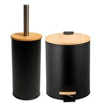 Kit Acessório Banheiro Lavabo Lixeira Escova Sanitária Preto Bambu Elegante Moderno Kit Acessório Banheiro Lavabo Lixeira Escova Sanitária Preto Bambu Elegante Moderno