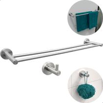 Kit Acessório Banheiro Porta Toalha Duplo 60cm E Gancho Pendurador Cabide Inox Fosco Escovado Suporte Toalheiro Esponja 2pç Conjunto Jogo Lavabo