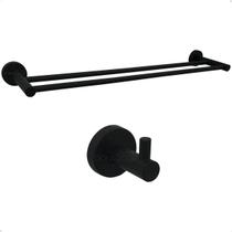 Kit Acessório Banheiro Preto Porta Toalha Duplo 60cm E Gancho Pendurador Cabide Inox Fosco Suporte Toalheiro Esponja 2pç Conjunto Jogo Lavabo