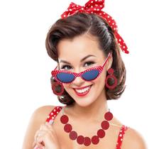 Kit Acessório Fantasia Anos 60 Vintage Festa Carnaval: Faixas Cabelo + Colar + Brincos + Óculos = 4 Produtos