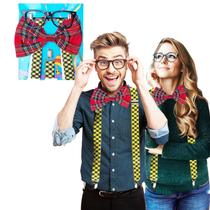 Kit Acessório Fantasia Festa Carnaval Estudante Nerd: Suspensório + Gravata + Óculos = 3 Produtos