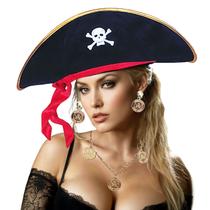 Kit Acessório Fantasia Festa Carnaval Pirata Feminino: Chapéu + Colar + Brincos = 3 Produtos Temáticos