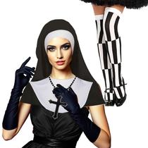 Kit Acessório Fantasia Freira: Véu + Gola + Crucifixo + Meia 7/8 + Luvas Longas Pretas = 5 Produtos
