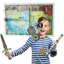 Kit Acessório Fantasia Infantil Pirata: Mapa + Bússola + Gancho + Tapa Olho + Medalhão + Monóculo + Faca = 7 Produtos