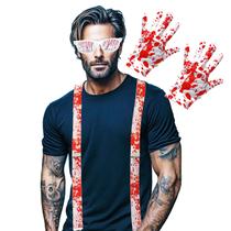 Kit Acessório Fantasia Sangue Festa Terror Halloween: Suspensório + Luvas + Óculos = 3 Produtos Kit Acessório Fantasia Sangue Festa Terror Halloween: Suspensório + Luvas + Óculos = 3 Produtos