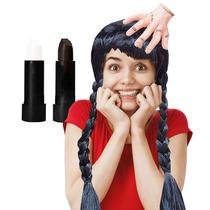 Kit Acessório Fantasia Wandinha Halloween: Peruca Trança + Presilha Mãozinha + 2 Batons Cremosos = 4 Produtos