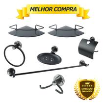 Kit Acessório Para Banheiro Aço Inox 5 Peças + 2 Porta Shampoo Vidro Canto PRETO FOSCO Cód. 7810