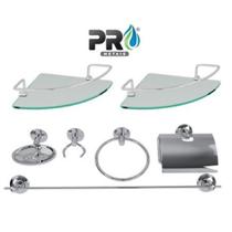 Kit Acessório Para Banheiro Aço Inox 5 Peças + 2 Porta Shampoo Vidro Canto