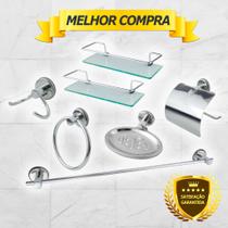 Kit Acessório Para Banheiro Aço Inox 5 Peças + 2 Porta Shampoo Vidro Retangular Cód. 3970