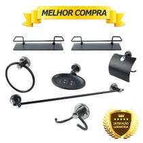 Kit Acessório Para Banheiro Aço Inox 5 Peças + 2 Porta Shampoo Vidro Retangular PRETO FOSCO Cód. 9940