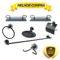 Kit Acessório Para Banheiro Aço Inox 5 Peças + 2 Porta Shampoo Vidro Retangular PRETO FOSCO