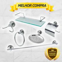 Kit Acessório Para Banheiro Aço Inox 6 Peças Com Porta Shampoo Vidro Retangular Cód. 4610