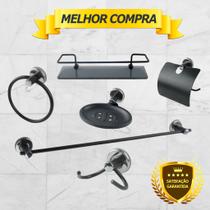 Kit Acessório Para Banheiro Aço Inox 6 Peças Com Porta Shampoo Vidro Retangular PRETO FOSCO Cód. 1810