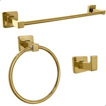 Kit Acessório Para Banheiro Dourado Brilhoso 3 Peças Metal Aço Inox Toalheiro 40cm Porta Toalha Argola Suporte Gancho