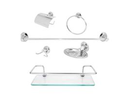 Kit Acessório Para Banheiro Inox 6 Peças Com Porta Shampoo Reto Kit Acessório Para Banheiro Inox 6 Peças Com Porta Shampoo Reto