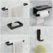 Kit Acessório Para Banheiro Preto 5 Peças C/Suporte Celular