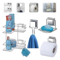 Kit Acessórios 4 Peças Completo de Banheiro Lavabo Box Sem Furar Parede Ventosa Fixa Cromados Arthi