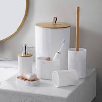 Kit Acessórios 6 Peças Bambu e Plástico de Banheiro Lavabo Organizador Saboneteira Lixeira Escova Sanitária Porta Sabonete Líquido Estilo Natural