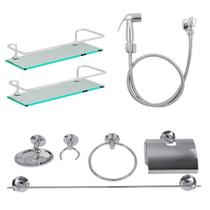 Kit Acessórios Aço Inox 8 Pçs + 2 Porta Shampoo Reto + Ducha