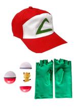 Kit Acessórios Ash, Treinador de Pokemon - boné, luvas e pokebola