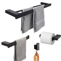 Kit Acessórios Banheiro 4 Pç Toalheiro Duplo Aço Inox Preto