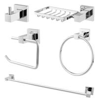 Kit Acessórios Banheiro 5 Peças metal Quadrado cromado Luxo premium Kit Acessórios Banheiro 5 Peças metal Quadrado cromado Luxo premium