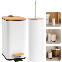 Kit Acessórios Banheiro Branco E Bambu Lixeira 5 Litros Pedal Escova Sanitária Com Tampa Moderno