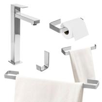 Kit Acessórios Banheiro Cromado + Torneira Alta Aço Inox Kit Acessórios Banheiro Cromado + Torneira Alta Aço Inox