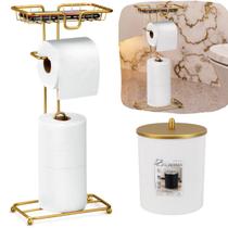 Kit Acessórios Banheiro Dourado Com Lixeira E Papeleira Porta Papel Higienico 3 Rolos Com Suporte Para Lenço Umedecido