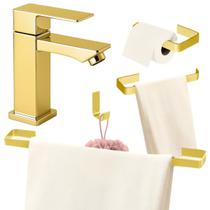 Kit Acessórios Banheiro Dourado Gold 4 Peças Torneira Baixa Metal Parafusos Não Ficam a Mostra
