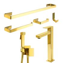 Kit Acessórios Banheiro Dourado Gold com Torneira Bica Alta Aço Inox E Duchinha Higiênica Kit Acessórios Banheiro Dourado Gold com Torneira Bica Alta Aço Inox E Duchinha Higiênica