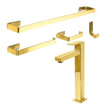 Kit Acessórios Banheiro Dourado Gold Torneira Alta Luxo Inox Kit Acessórios Banheiro Dourado Gold Torneira Alta Luxo Inox